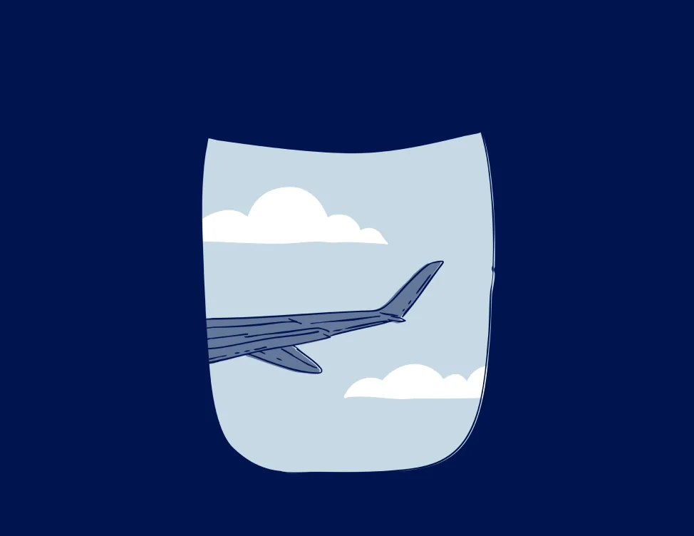 A line illustration of an aircraft wing seen through a cabin window