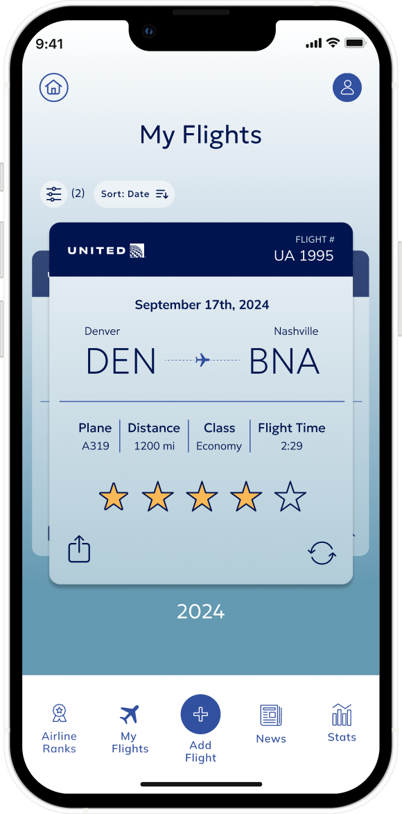 A personal flight log showing a logged United flight with a five-star rating