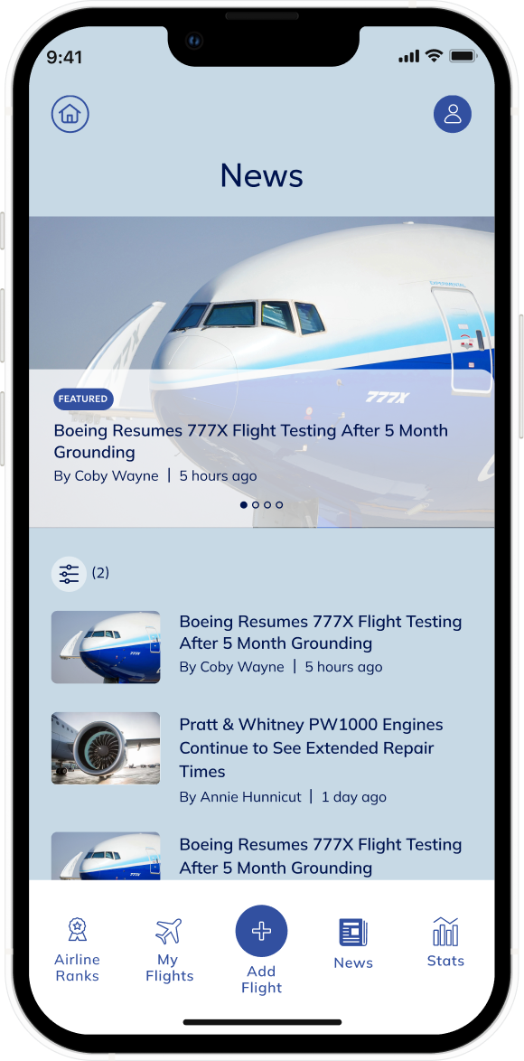 Aviation news headlines inside the app