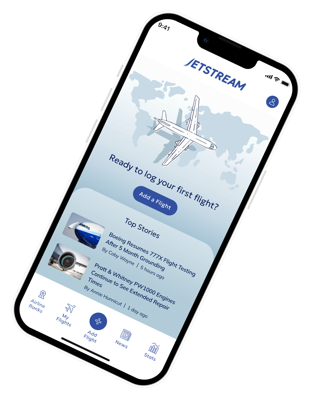 The Project Jetstream app showing a personal flight log