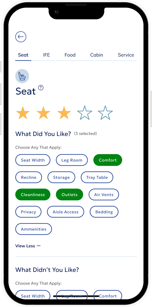 Jetstream app showing seat review with selection bubbles
